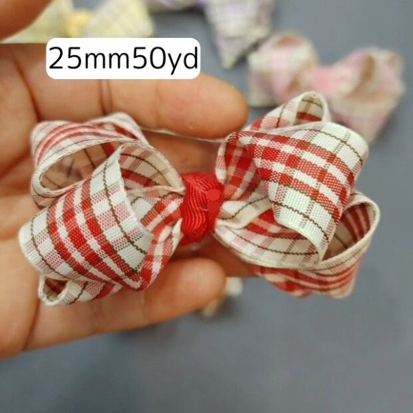 画像1: スリーチェック生地リボン25ｍｍ50yd（約45ｍ） (1)
