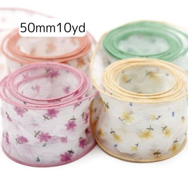画像1: フラワーパターンワイヤーリボン50ｍｍ10yd（約9ｍ） (1)