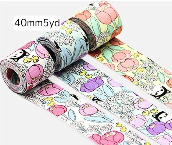 画像1: チューリップと猫生地リボン40mm5yd（約4.5m) (1)