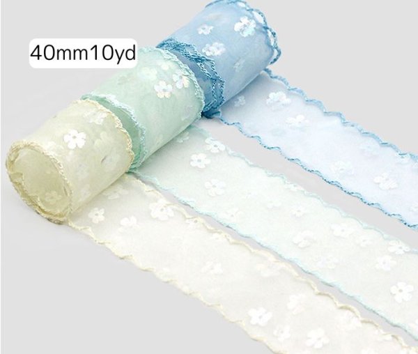 画像1: オーガンジーホログラムフラワーピコットリボン40mm10yd（約9m） (1)